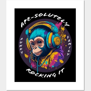 Baby Monkey Wearing Headphones - white font Posters and Art